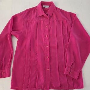 Vtg Large Pleats Vibrant Pink Button-Up Shirt Made In Korea